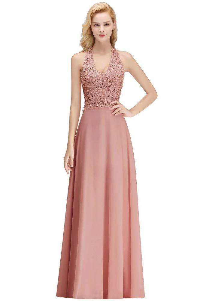 Halter Sleeveless Floral Appliques Evening Party Dress Aline Floor Length Bridesmaid Dress - Image 15
