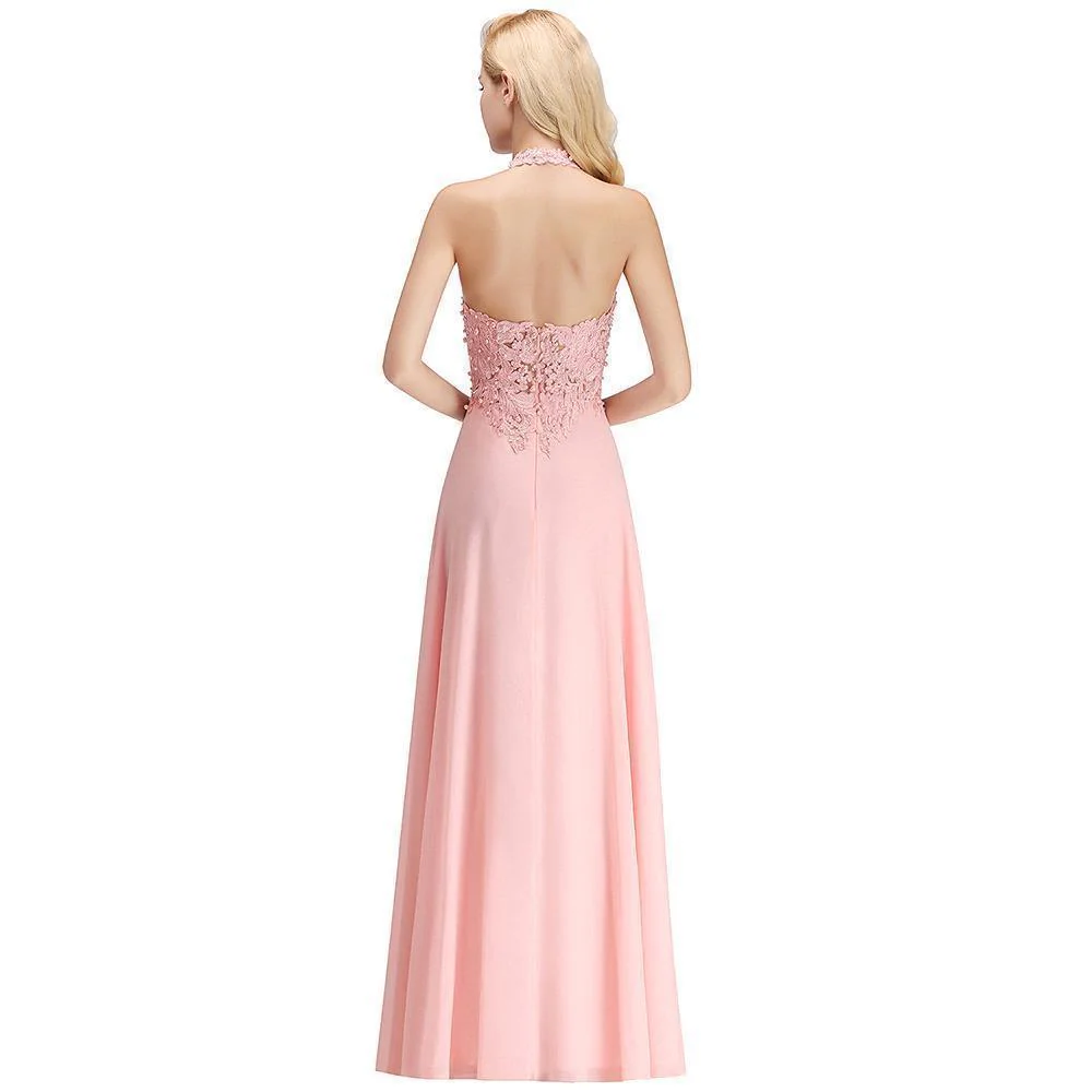 Halter Sleeveless Floral Appliques Evening Party Dress Aline Floor Length Bridesmaid Dress - Image 16