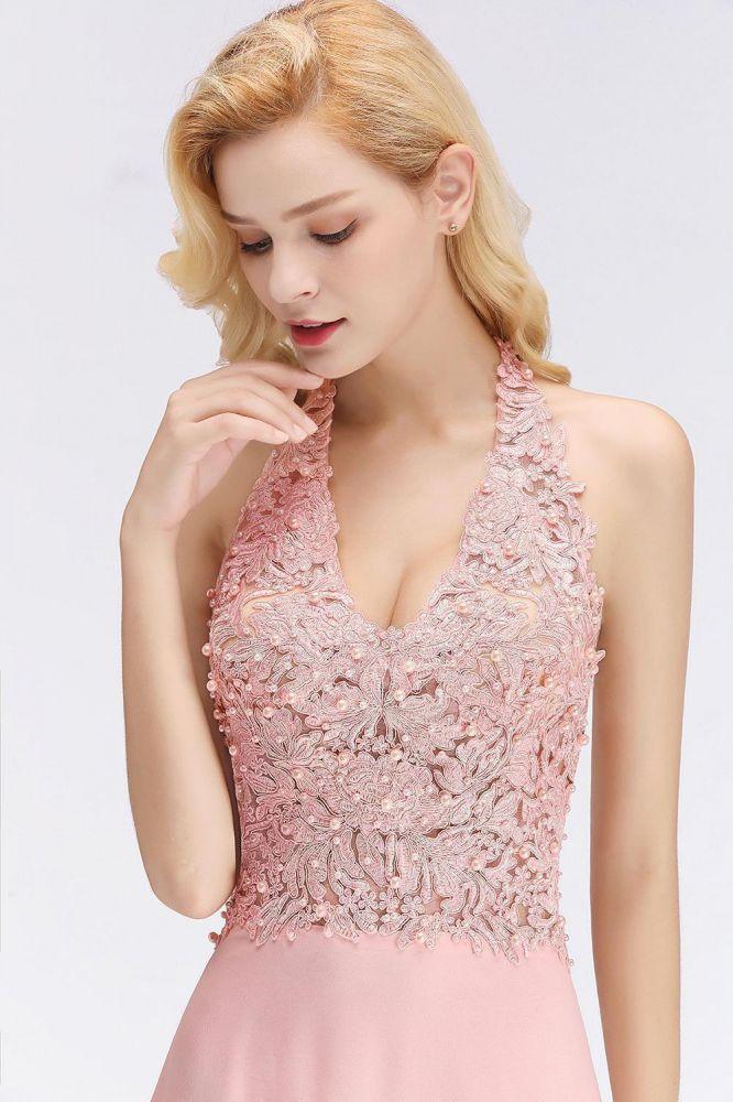 Halter Sleeveless Floral Appliques Evening Party Dress Aline Floor Length Bridesmaid Dress - Image 17