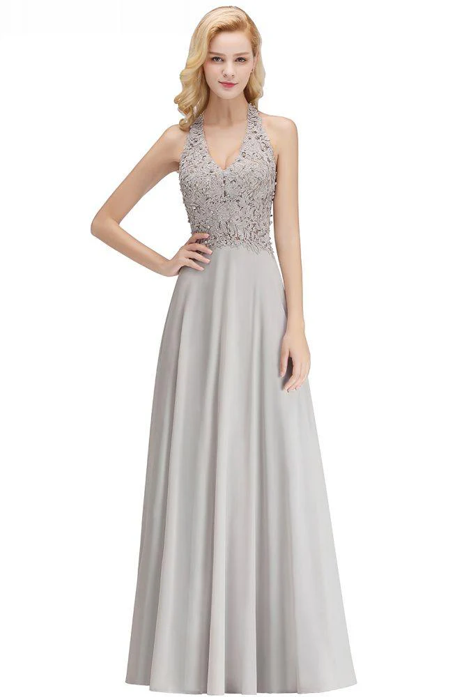Halter Sleeveless Floral Appliques Evening Party Dress Aline Floor Length Bridesmaid Dress - Image 18
