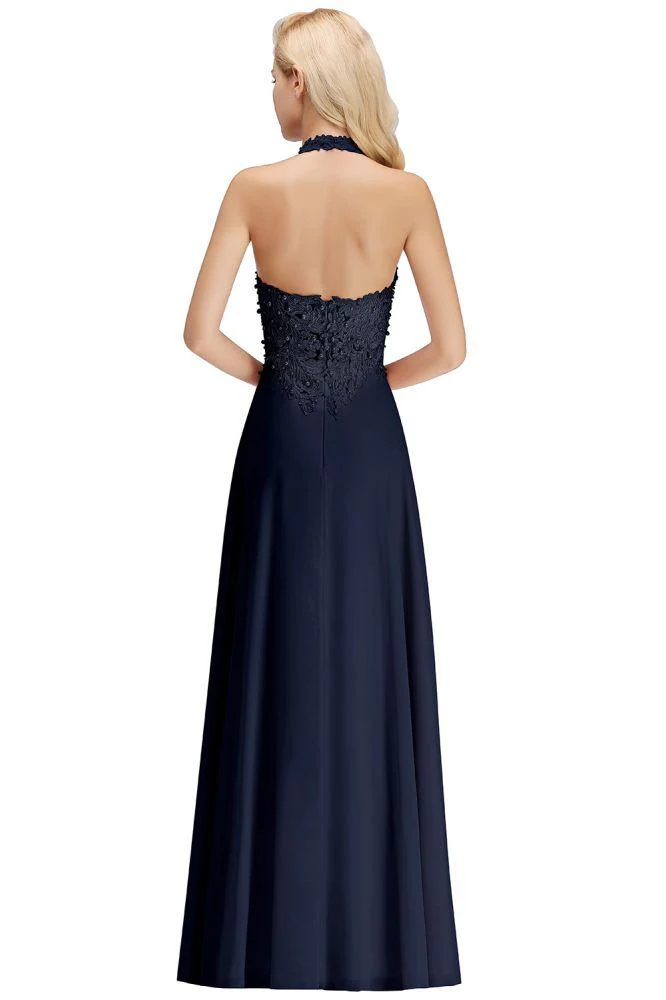 Halter Sleeveless Floral Appliques Evening Party Dress Aline Floor Length Bridesmaid Dress - Image 20