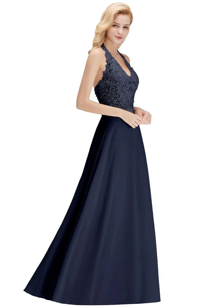Halter Sleeveless Floral Appliques Evening Party Dress Aline Floor Length Bridesmaid Dress - Image 21