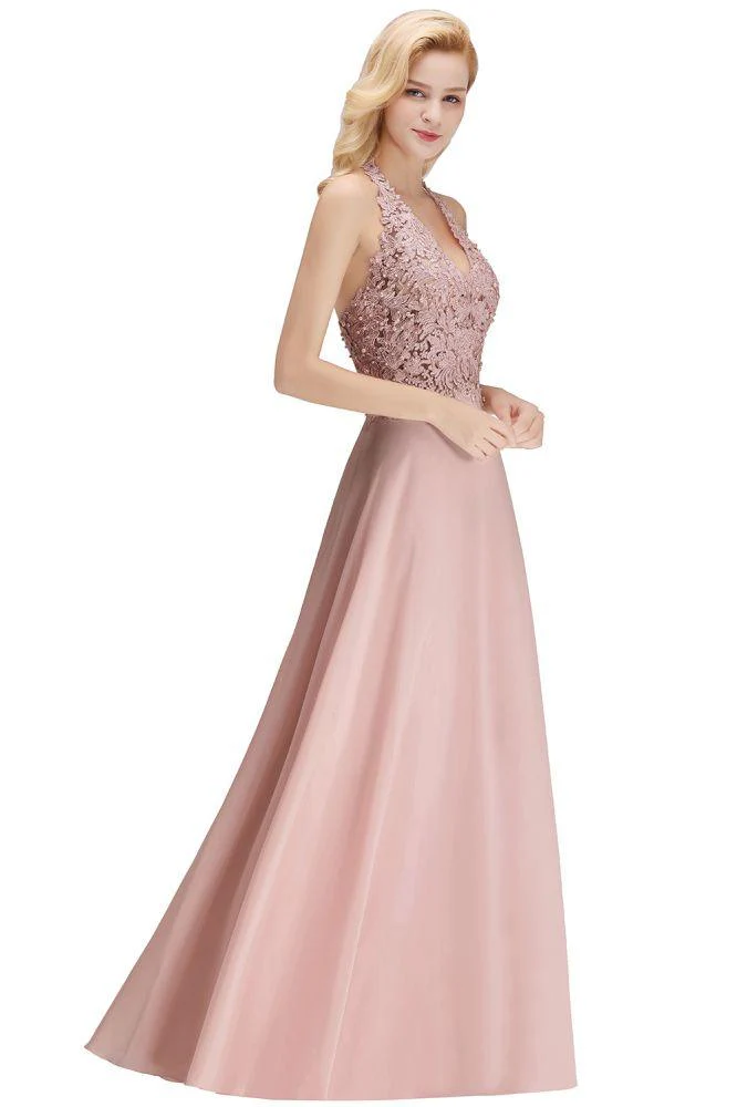 Halter Sleeveless Floral Appliques Evening Party Dress Aline Floor Length Bridesmaid Dress - Image 22