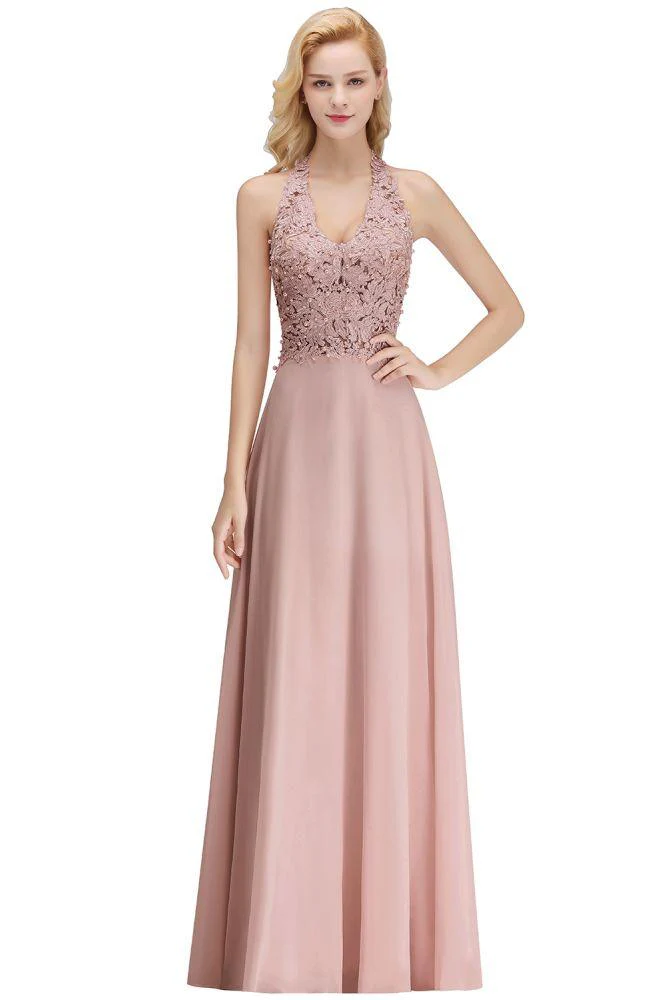 Halter Sleeveless Floral Appliques Evening Party Dress Aline Floor Length Bridesmaid Dress - Image 23