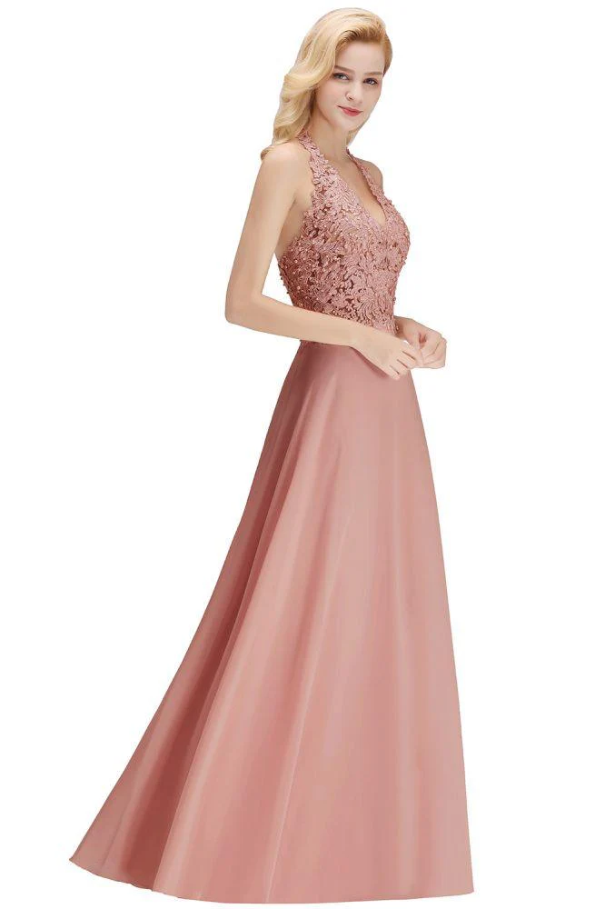 Halter Sleeveless Floral Appliques Evening Party Dress Aline Floor Length Bridesmaid Dress - Image 24