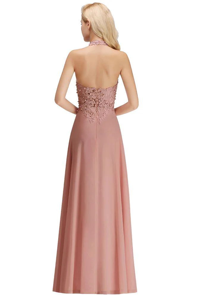 Halter Sleeveless Floral Appliques Evening Party Dress Aline Floor Length Bridesmaid Dress - Image 25
