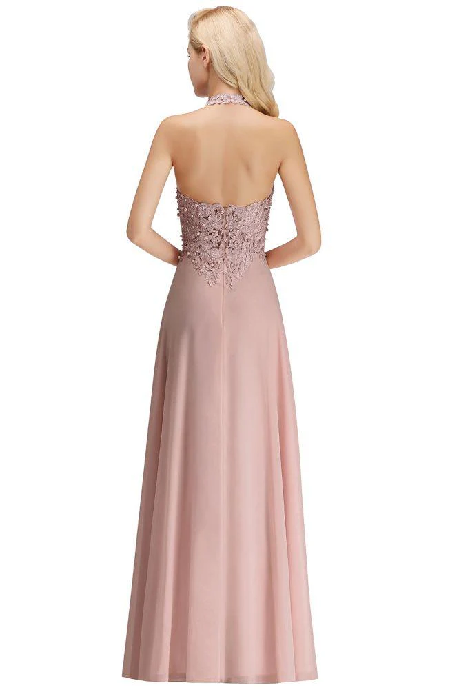 Halter Sleeveless Floral Appliques Evening Party Dress Aline Floor Length Bridesmaid Dress - Image 26