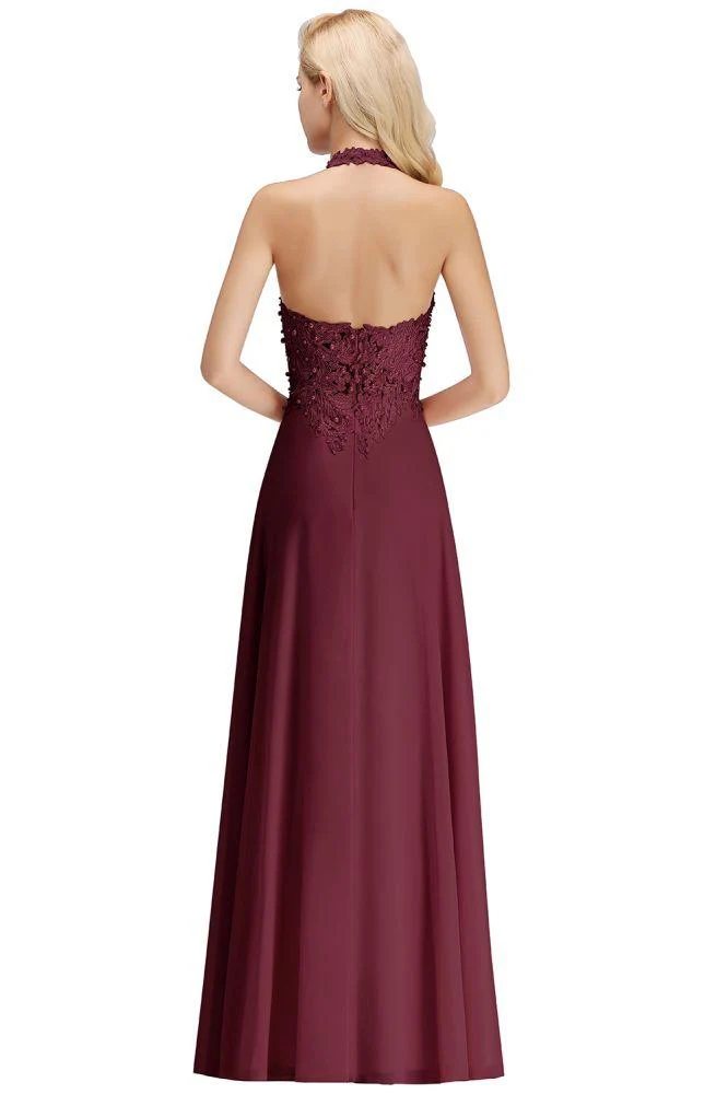 Halter Sleeveless Floral Appliques Evening Party Dress Aline Floor Length Bridesmaid Dress - Image 27