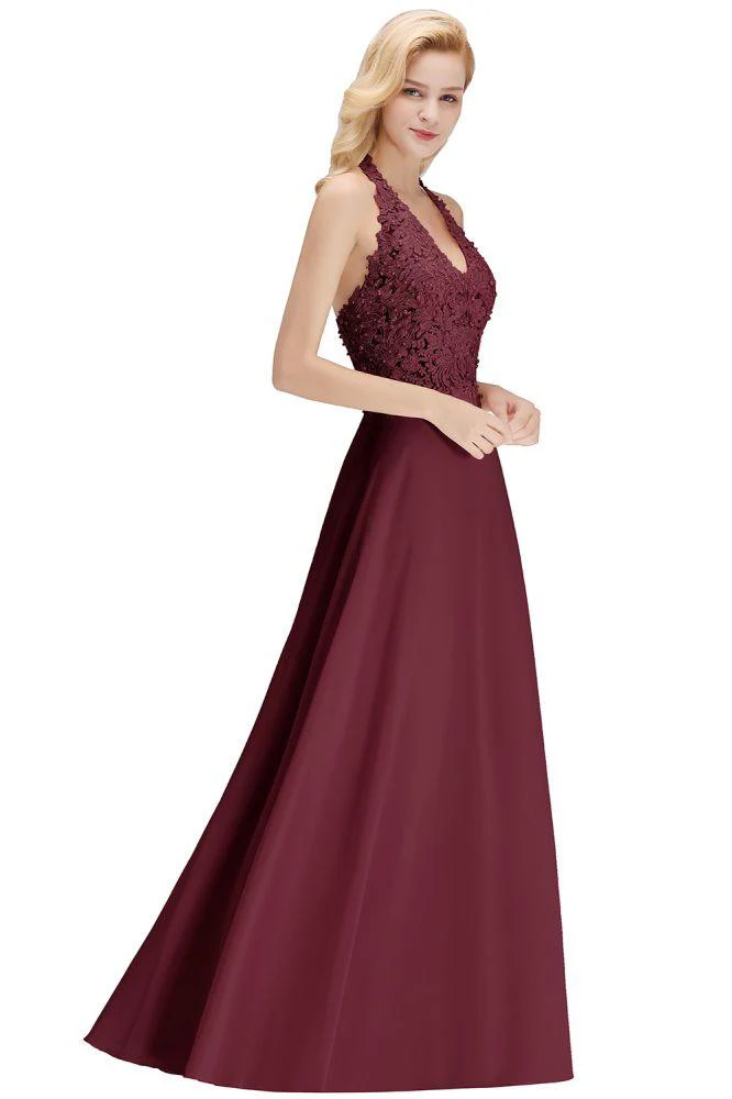 Halter Sleeveless Floral Appliques Evening Party Dress Aline Floor Length Bridesmaid Dress - Image 28