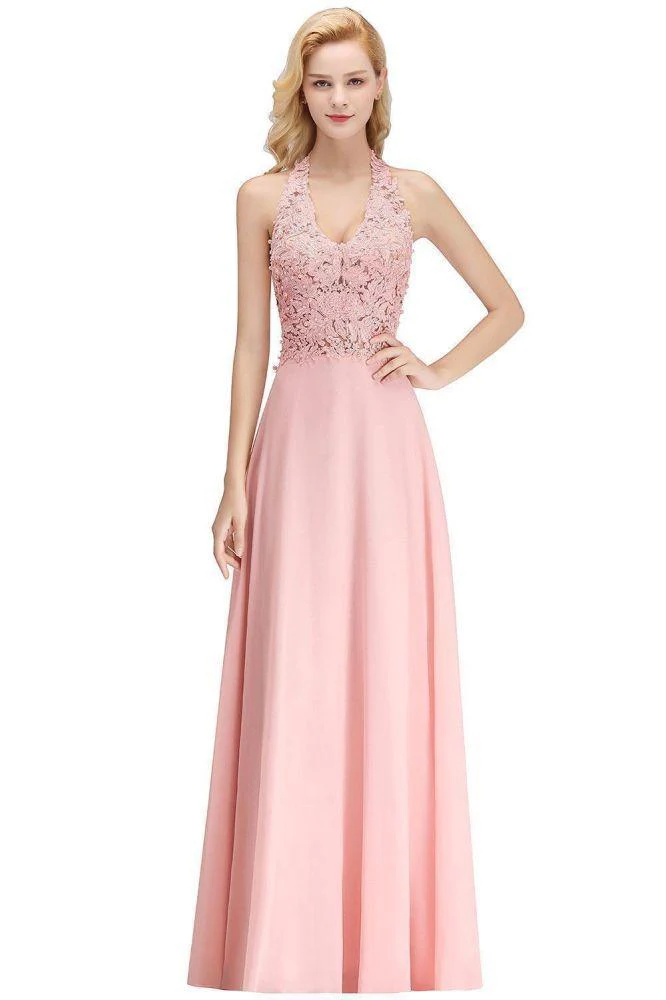 Halter Sleeveless Floral Appliques Evening Party Dress Aline Floor Length Bridesmaid Dress - Image 3