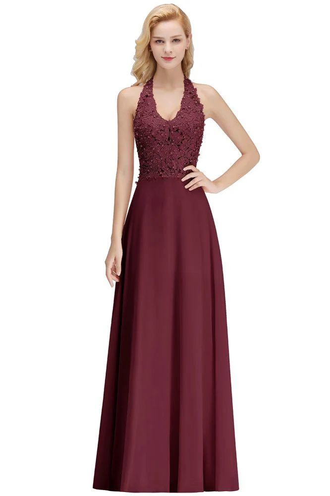Halter Sleeveless Floral Appliques Evening Party Dress Aline Floor Length Bridesmaid Dress - Image 4
