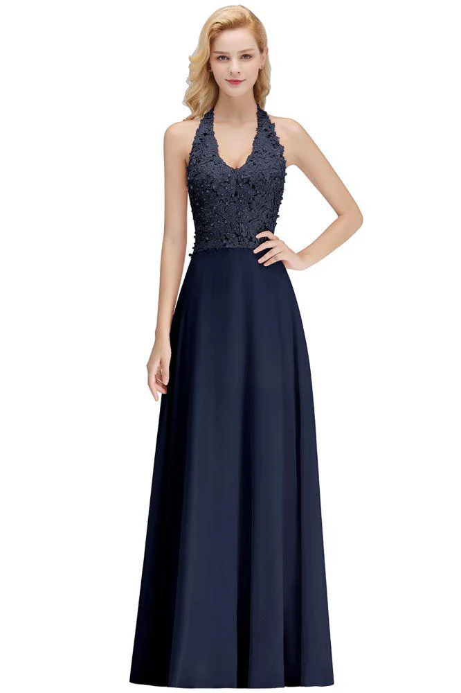 Halter Sleeveless Floral Appliques Evening Party Dress Aline Floor Length Bridesmaid Dress - Image 5