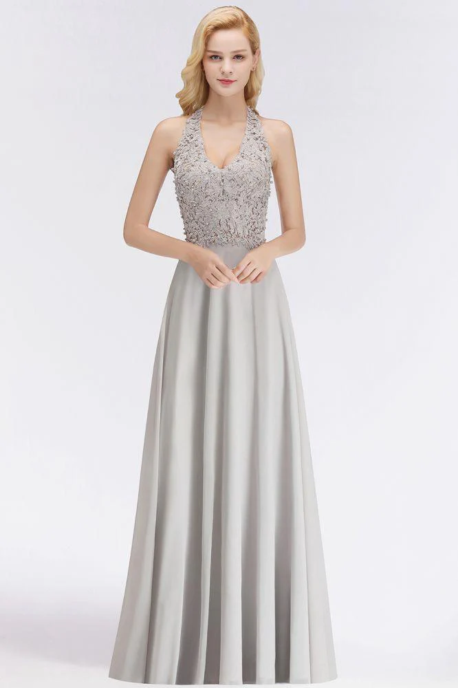 Halter Sleeveless Floral Appliques Evening Party Dress Aline Floor Length Bridesmaid Dress - Image 8