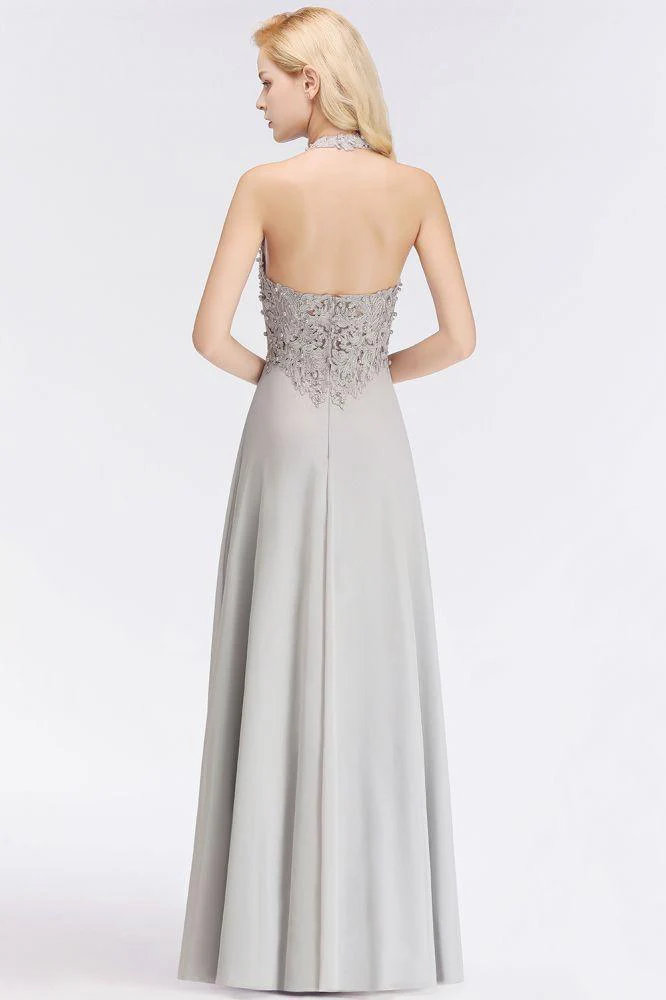 Halter Sleeveless Floral Appliques Evening Party Dress Aline Floor Length Bridesmaid Dress - Image 9