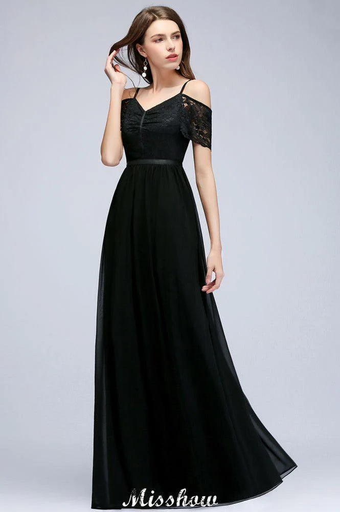 Off-the-shoulder Sleeveless Floor-Length A-line Bridesmaid Dresses Chiffon Lace V-Neck Prom Dress - Image 3