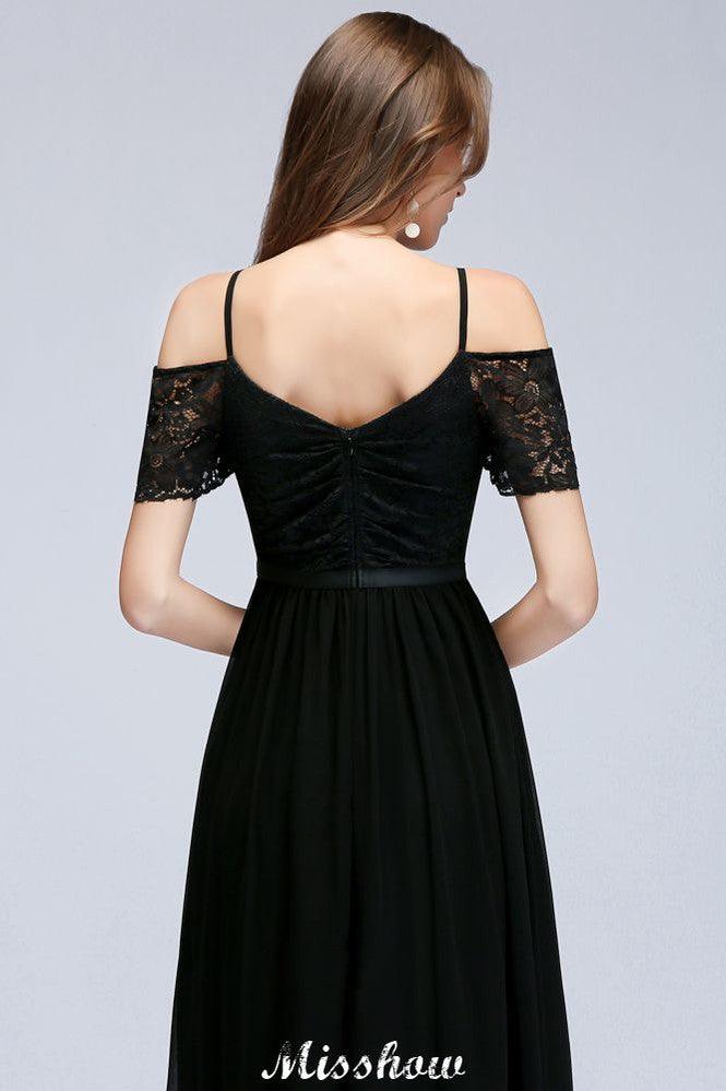 Off-the-shoulder Sleeveless Floor-Length A-line Bridesmaid Dresses Chiffon Lace V-Neck Prom Dress - Image 5