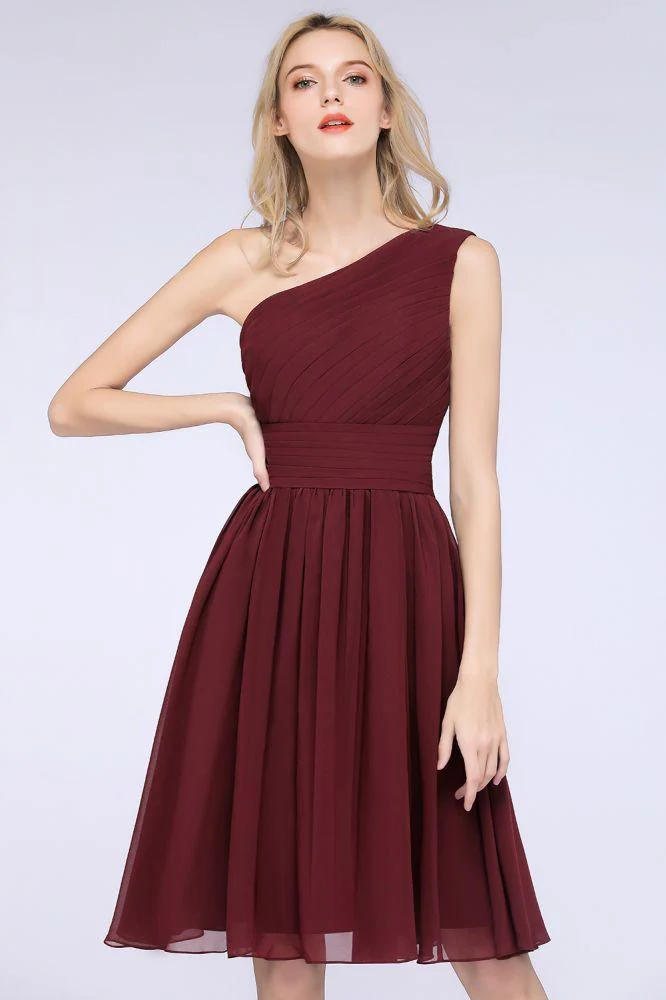 One-Shoulder Sleeveless Knee-Length Bridesmaid Dress with Ruffles Formal Party Dress - Image 3