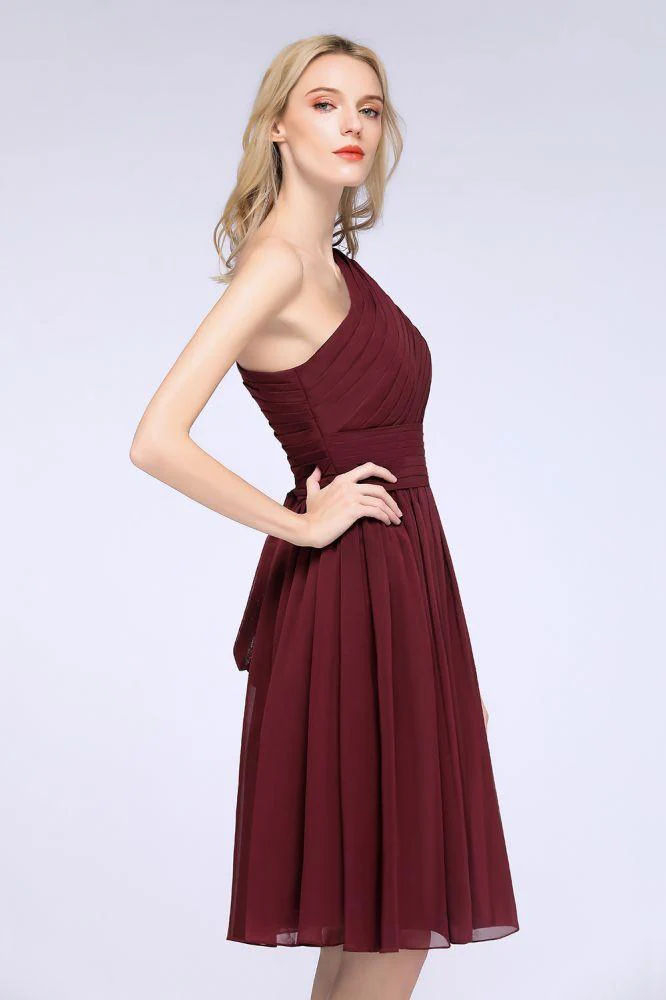 One-Shoulder Sleeveless Knee-Length Bridesmaid Dress with Ruffles Formal Party Dress - Image 5