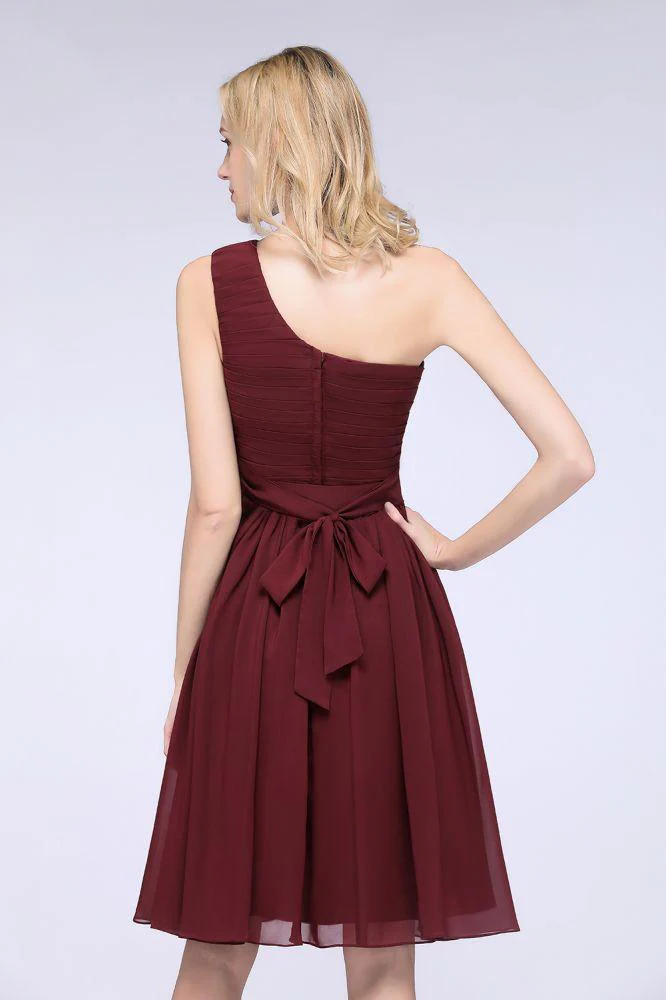 One-Shoulder Sleeveless Knee-Length Bridesmaid Dress with Ruffles Formal Party Dress - Image 6