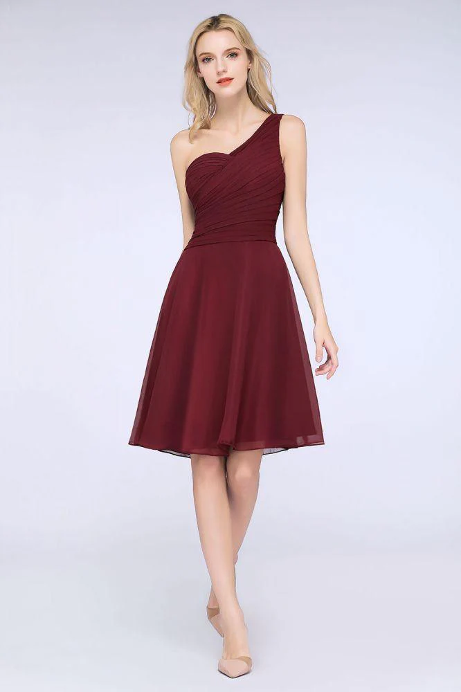 One-Shoulder Sweetheart Knee-Length Bridesmaid Dress Ruffles aline Party Dress - Image 3