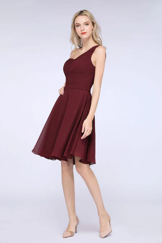 One-Shoulder Sweetheart Knee-Length Bridesmaid Dress Ruffles aline Party Dress - Image 6