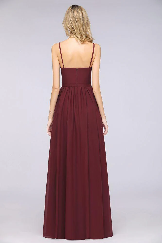 Sexy Double Deep V-Neck Ruffles Sleeveless Bridesmaid Dress Chiffon Side Split Evening Party Dress - Image 3