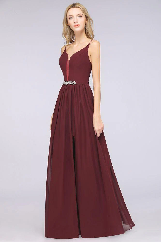Sexy Double Deep V-Neck Ruffles Sleeveless Bridesmaid Dress Chiffon Side Split Evening Party Dress - Image 4