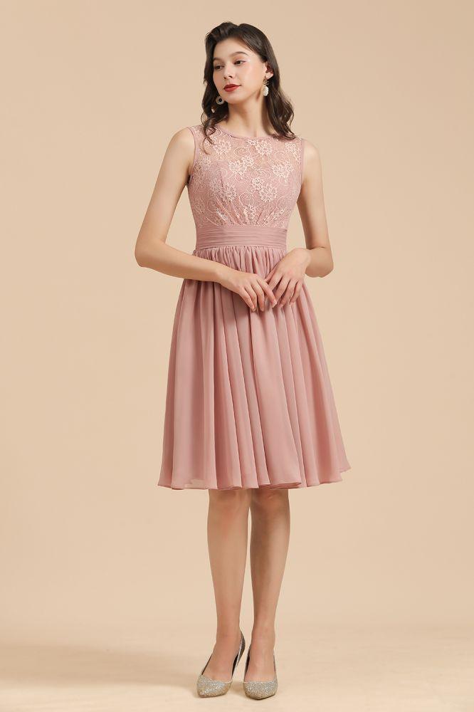 Sleeveless Crew neck Lace Chiffon Party Dress Mini Bridesmaid Dress - Image 5