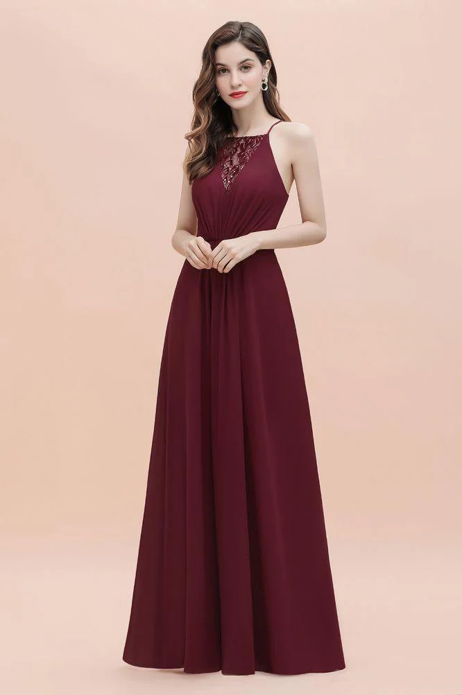 Spaghetti Bateau Aline Evening Maxi Dress Sequins Chiffon Bridesmaid Dress - Image 3
