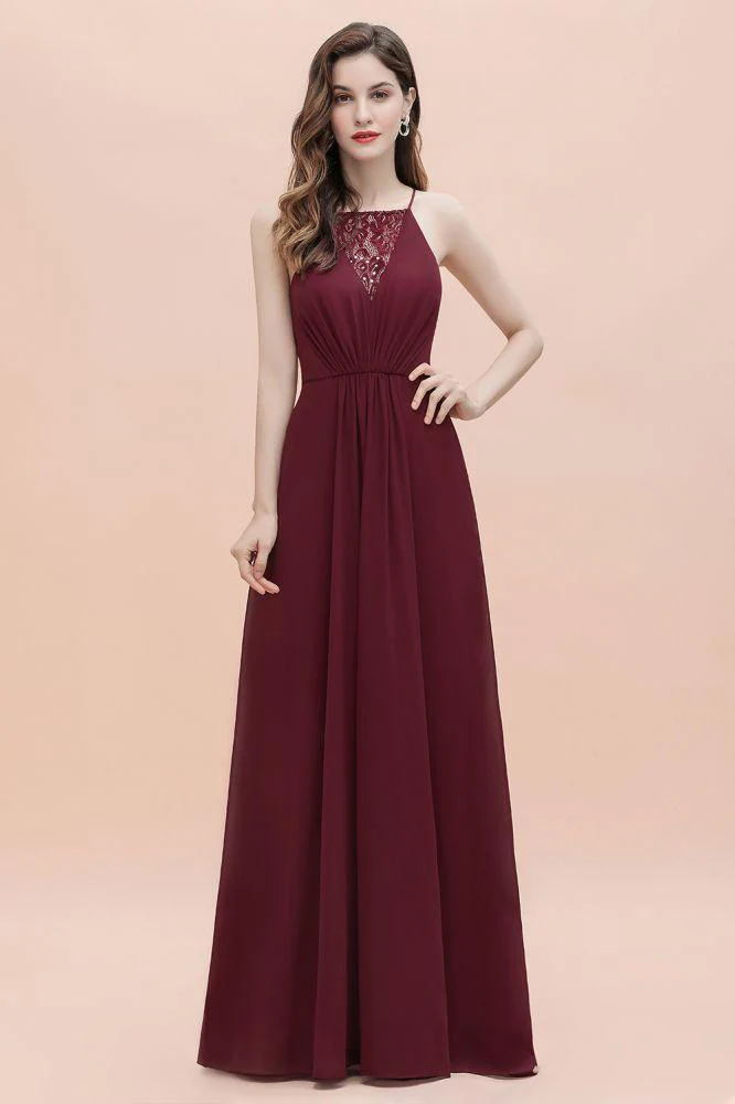 Spaghetti Bateau Aline Evening Maxi Dress Sequins Chiffon Bridesmaid Dress - Image 5