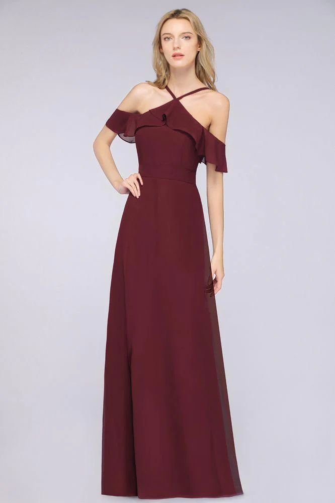 Spaghetti-Straps Sleeveless Ruffles Floor-Length Bridesmaid Dress with Bow Sash - Image 3