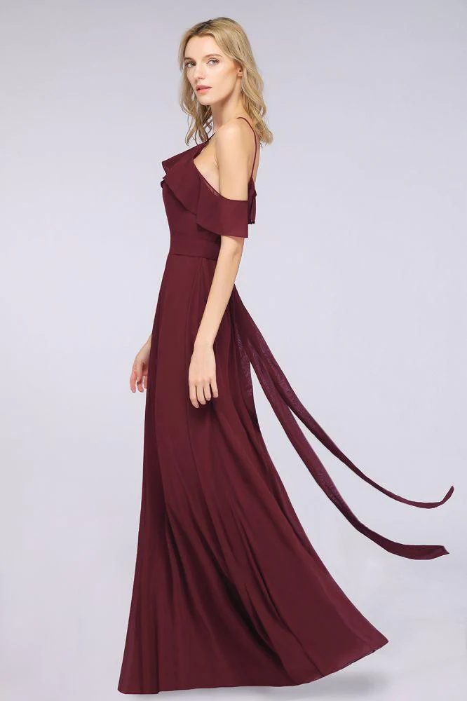 Spaghetti-Straps Sleeveless Ruffles Floor-Length Bridesmaid Dress with Bow Sash - Image 4