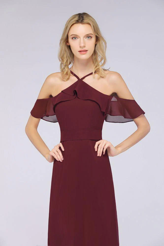 Spaghetti-Straps Sleeveless Ruffles Floor-Length Bridesmaid Dress with Bow Sash - Image 5