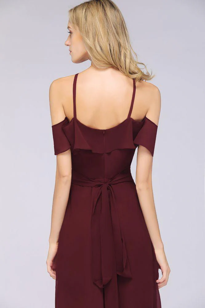 Spaghetti-Straps Sleeveless Ruffles Floor-Length Bridesmaid Dress with Bow Sash - Image 7