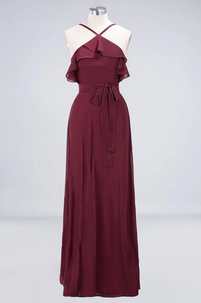 Spaghetti-Straps Sleeveless Ruffles Floor-Length Bridesmaid Dress with Bow Sash - Image 8