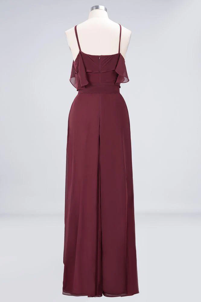 Spaghetti-Straps Sleeveless Ruffles Floor-Length Bridesmaid Dress with Bow Sash - Image 9