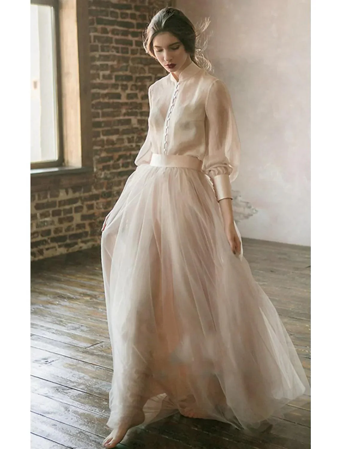 Numbersea Two Piece Empire Minimalist Wedding Guest Formal Evening Birthday Dress Stand Collar Long Sleeve Floor Length Chiffon with Tier - Image 3