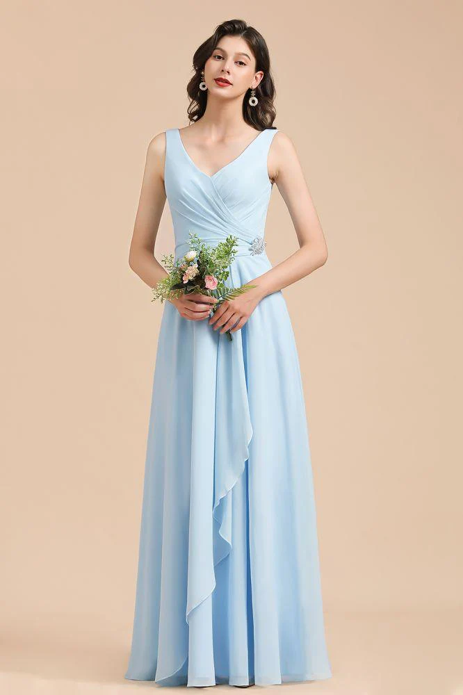 V-Neck Chiffon Aline Bridesmaid Dress Sleeveless Floor Length Simple Wedding Dress - Image 3