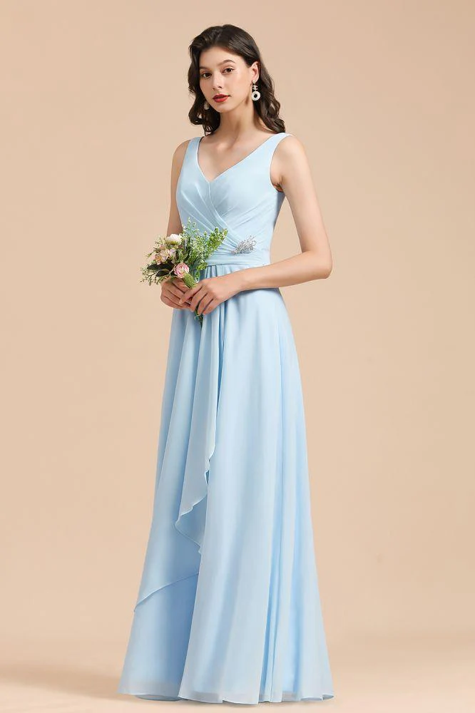 V-Neck Chiffon Aline Bridesmaid Dress Sleeveless Floor Length Simple Wedding Dress - Image 5