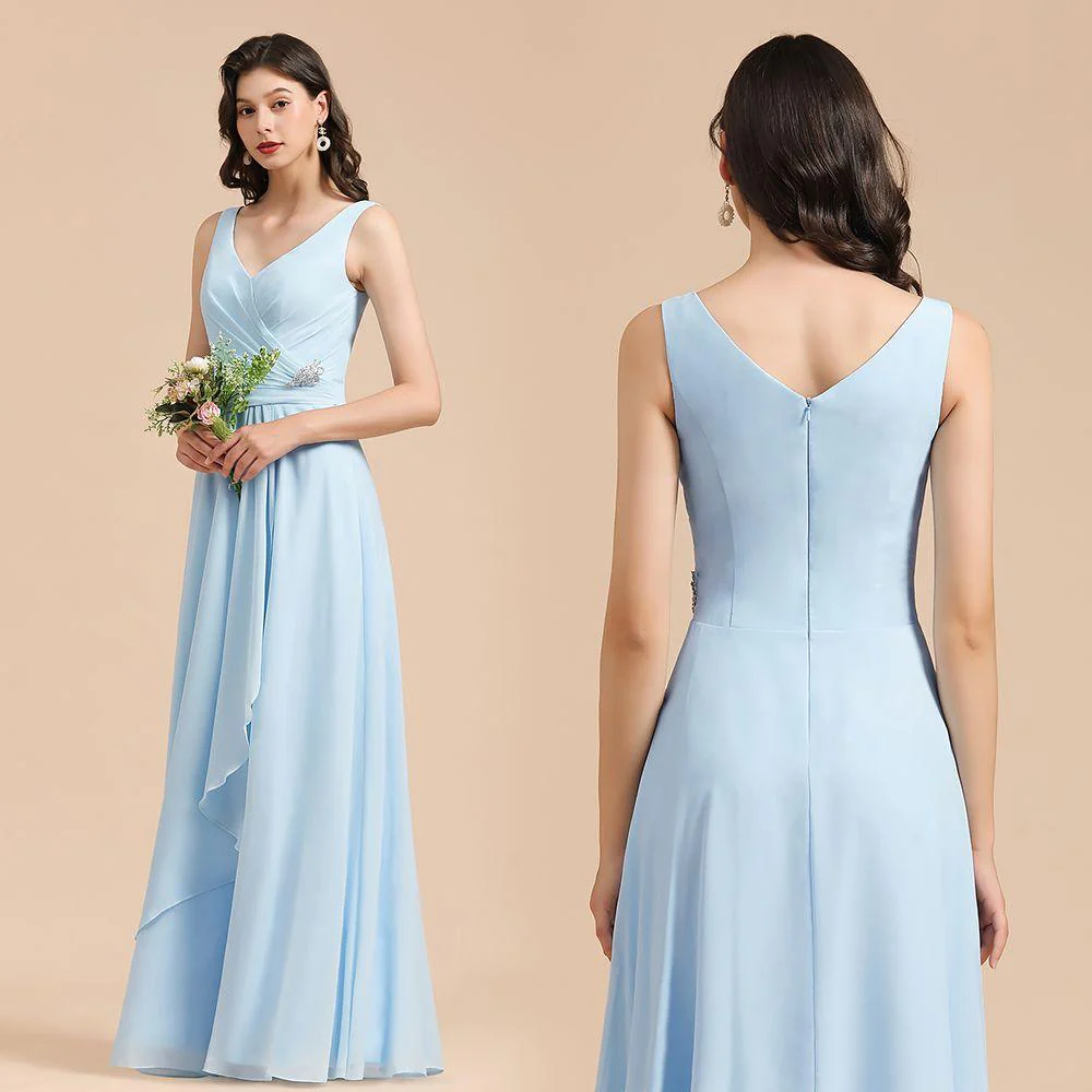 V-Neck Chiffon Aline Bridesmaid Dress Sleeveless Floor Length Simple Wedding Dress - Image 9